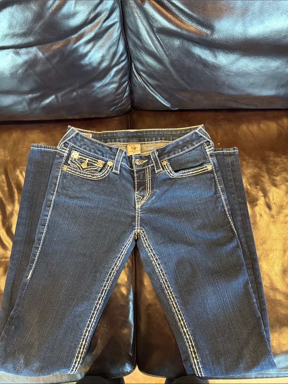 True Religion Indigo Blue Straight Leg Jeans with Contrast Stitching